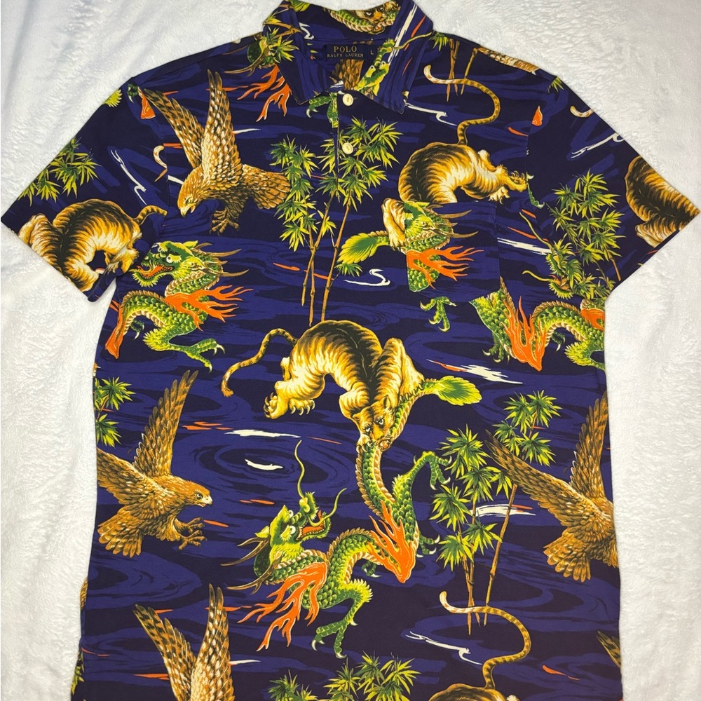 Polo by Ralph Lauren Purple Polo Shirt with Green, Gold & Orange Dragon Print